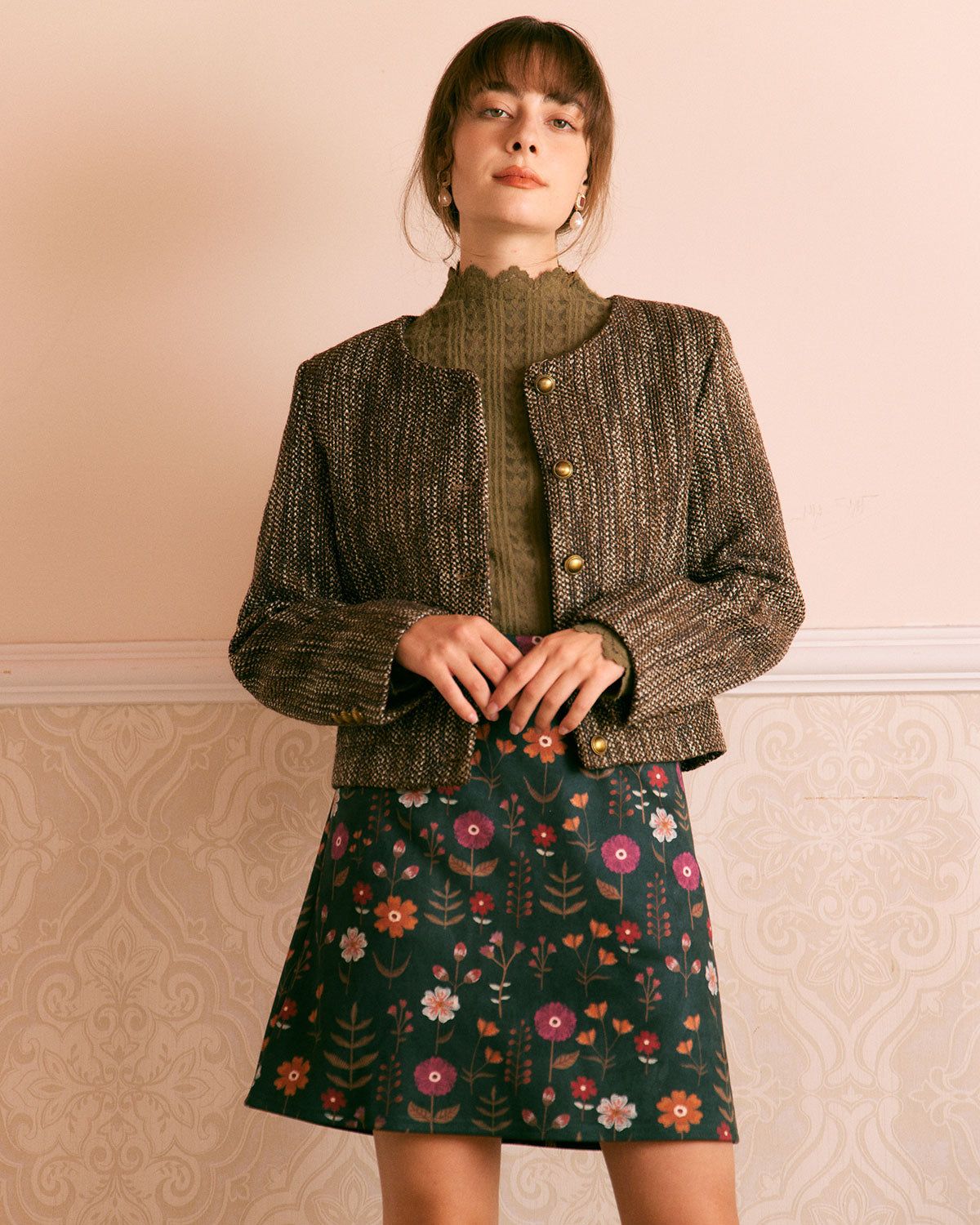 The Khaki Round Neck Button Tweed Jacket sold by rihoas product image thumbnail 5