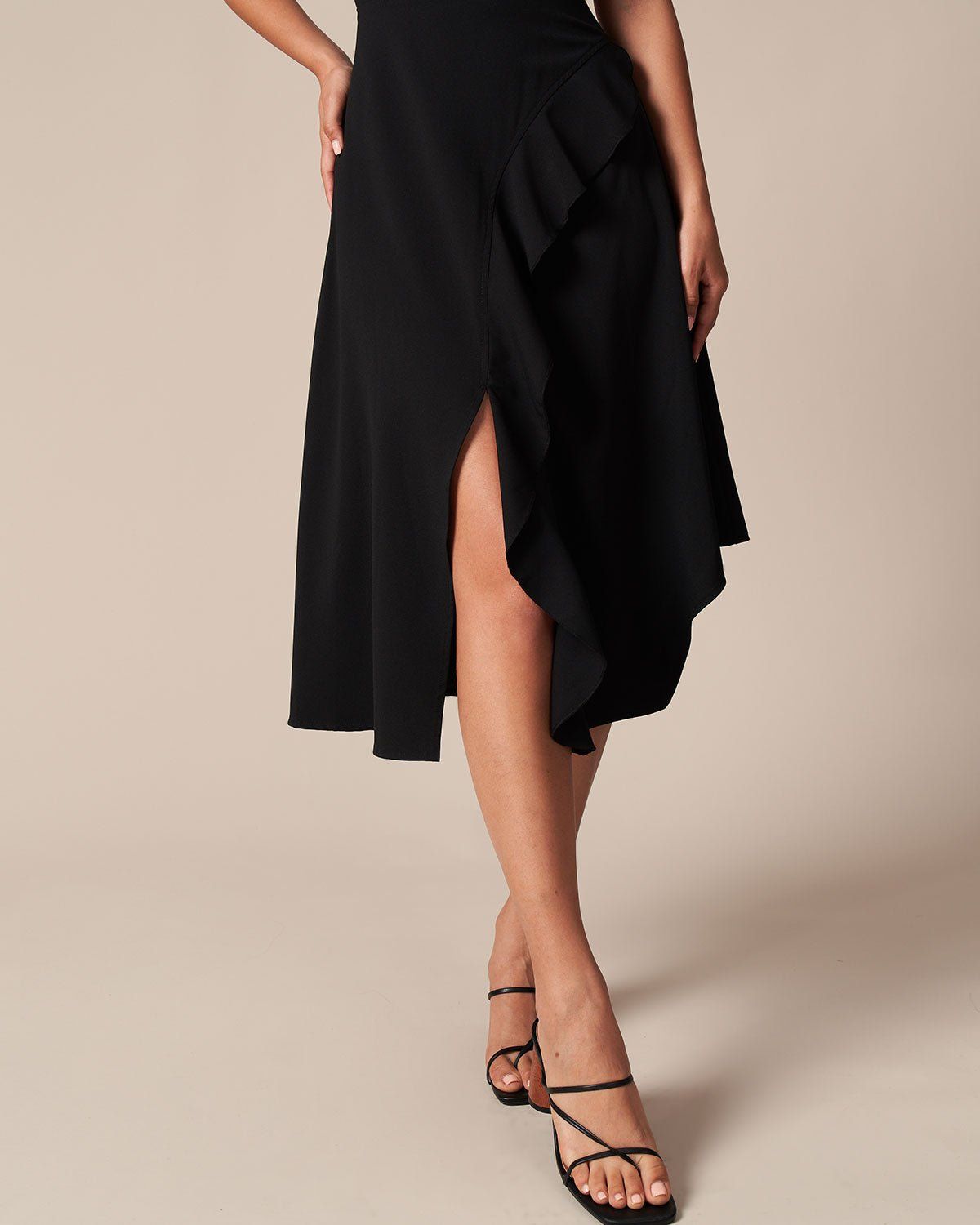 The Black Round Neck Ruffle Slit Midi Dress sold by rihoas product image thumbnail 5