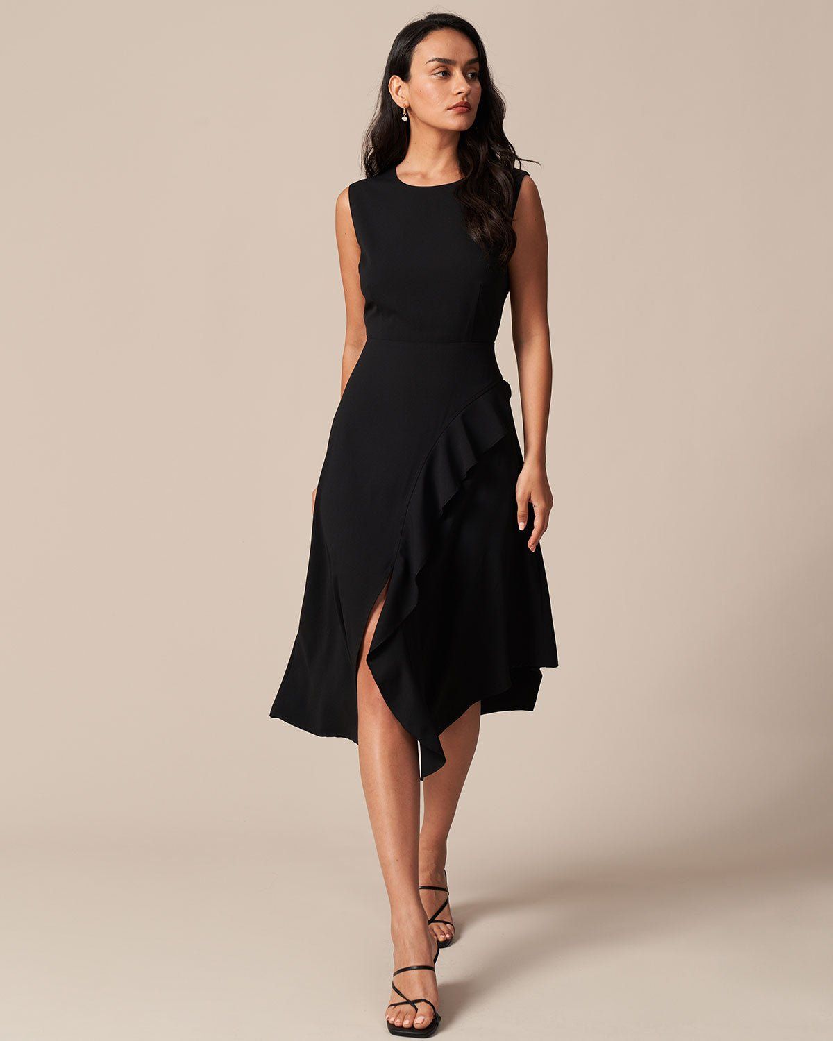 The Black Round Neck Ruffle Slit Midi Dress sold by rihoas product image thumbnail 3