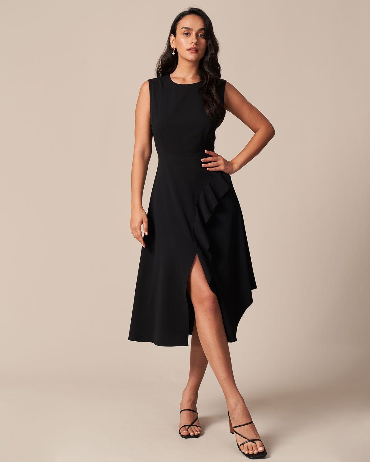 The Black Round Neck Ruffle Slit Midi Dress sold by rihoas