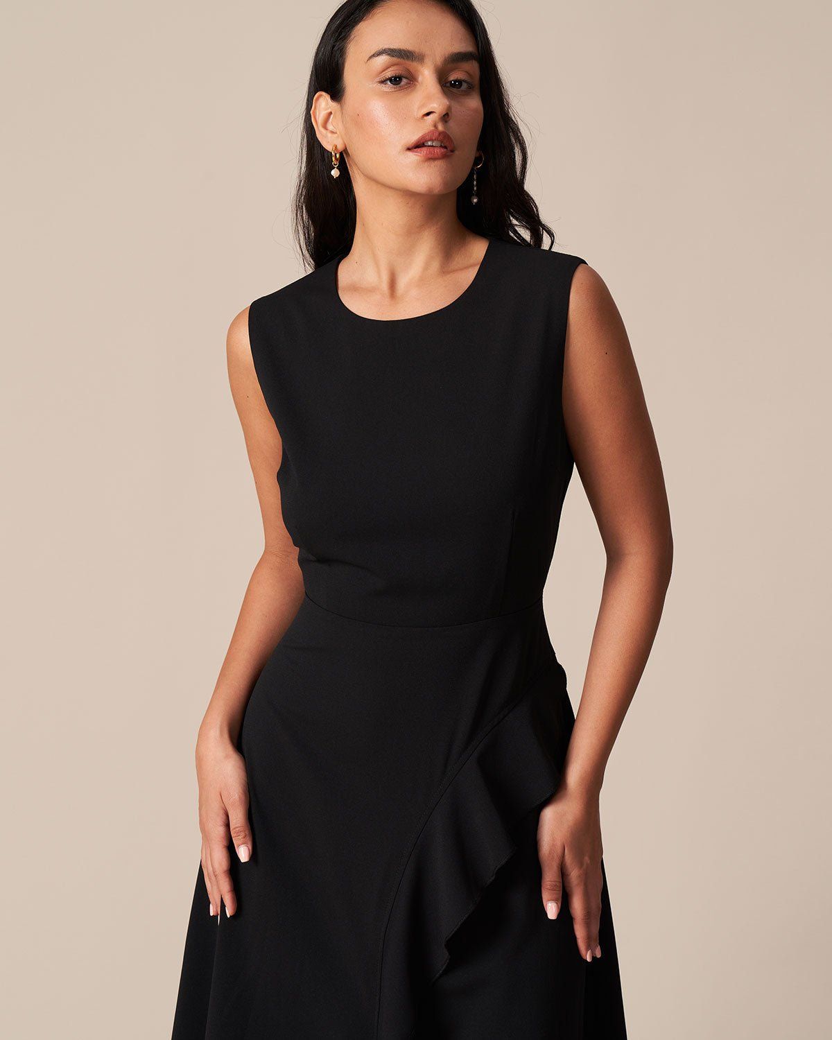 The Black Round Neck Ruffle Slit Midi Dress sold by rihoas product image thumbnail 4