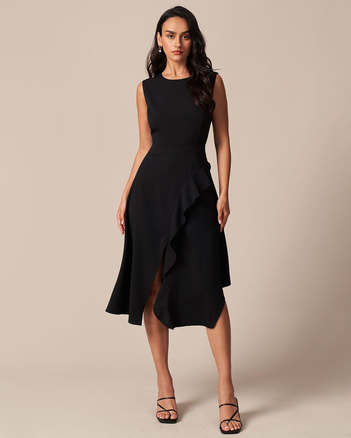 The Black Round Neck Ruffle Slit Midi Dress sold by rihoas product image thumbnail 2