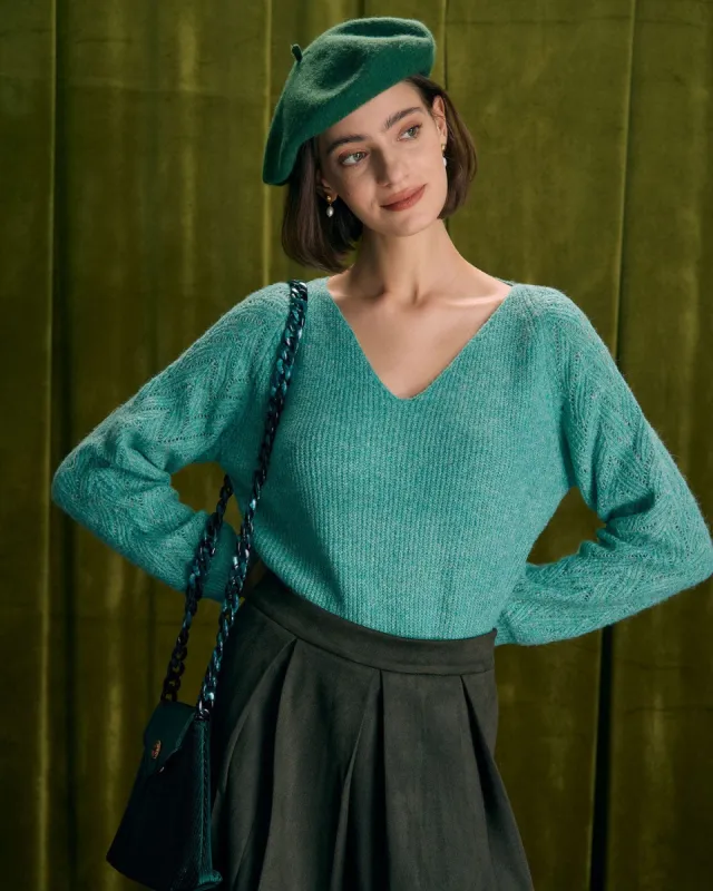 The Green V Neck Ribbed Raglan Sleeve Sweater sold by rihoas