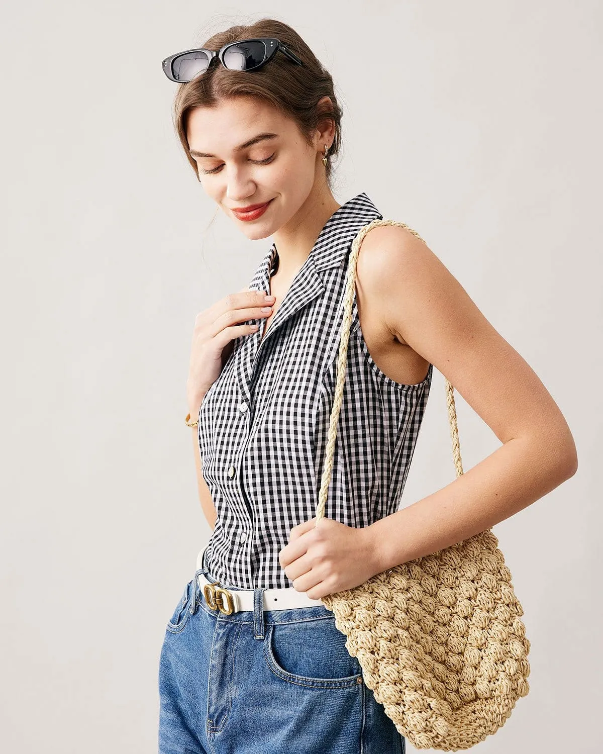 The Collared Button Up Sleeveless Plaid Vest sold by rihoas product image thumbnail 3