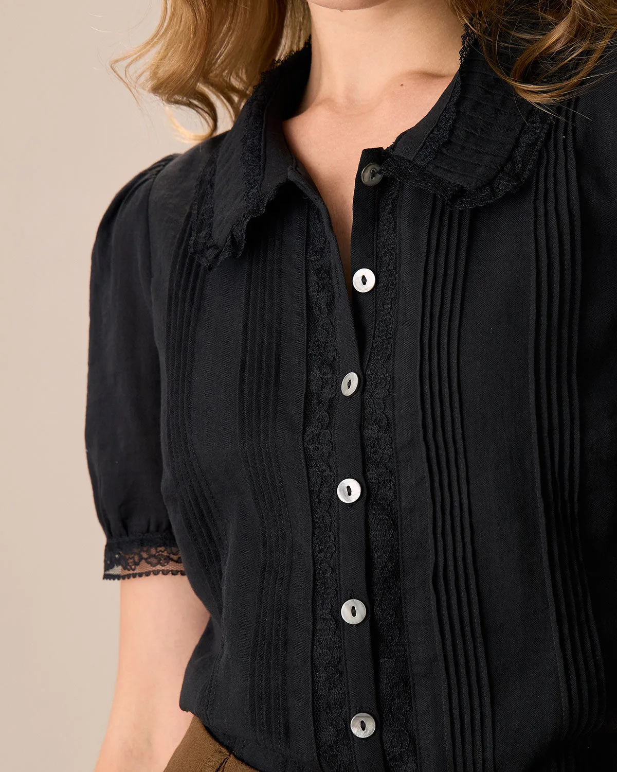 Women's Black Chelsea Collar Lace Trim Cotton Blouse sold by rihoas product image thumbnail 2