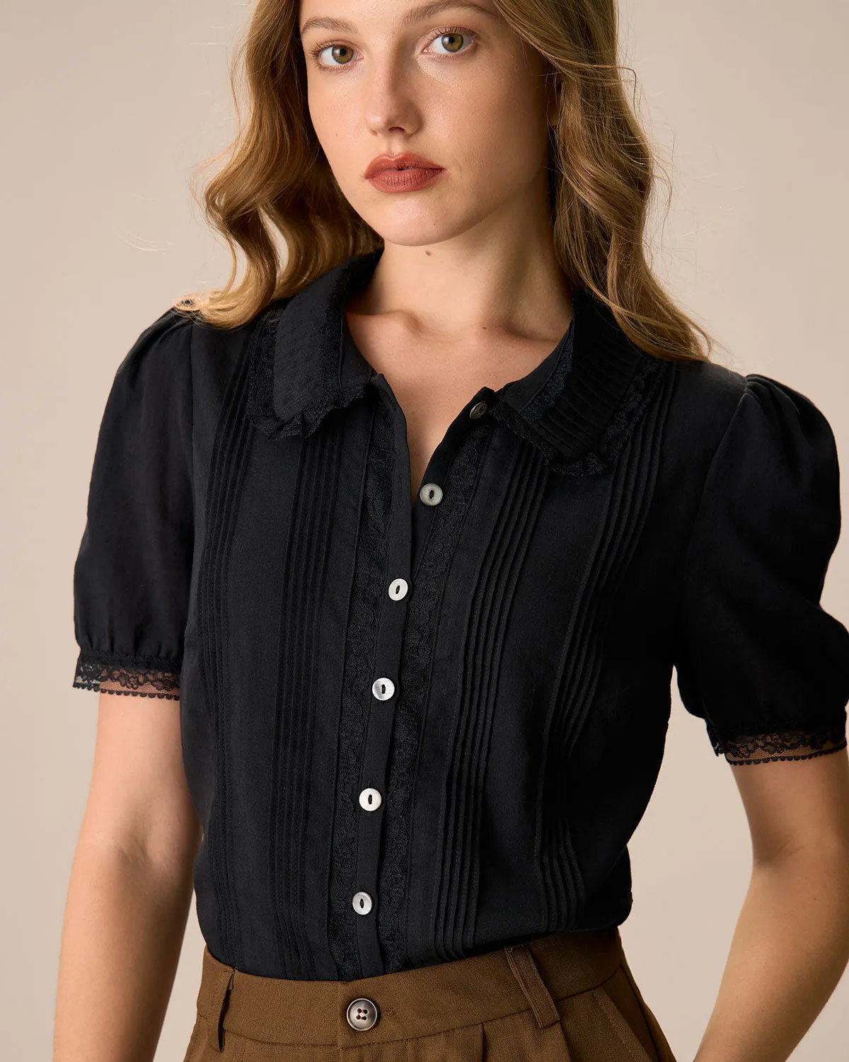Women's Black Chelsea Collar Lace Trim Cotton Blouse sold by rihoas