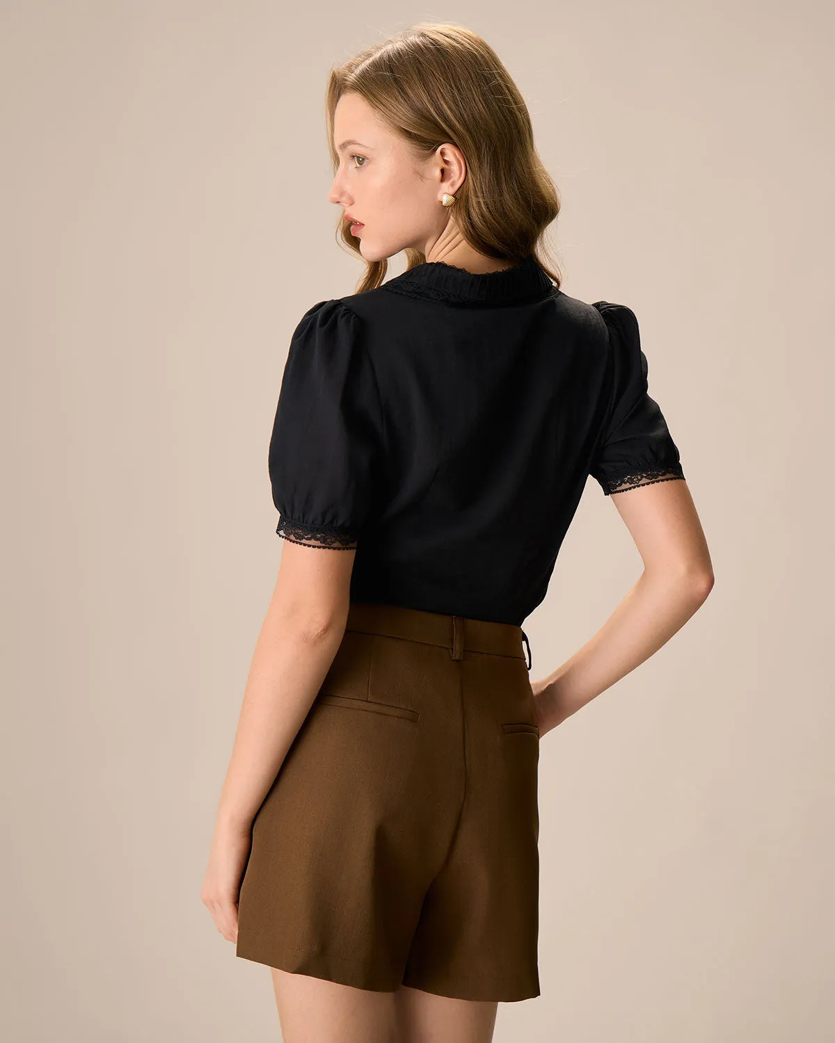 Women's Black Chelsea Collar Lace Trim Cotton Blouse sold by rihoas product image thumbnail 4