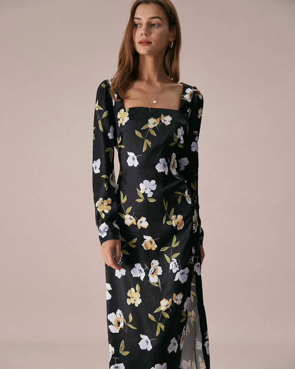The Black Square Neck Floral Slit Midi Dress sold by rihoas product image thumbnail 2