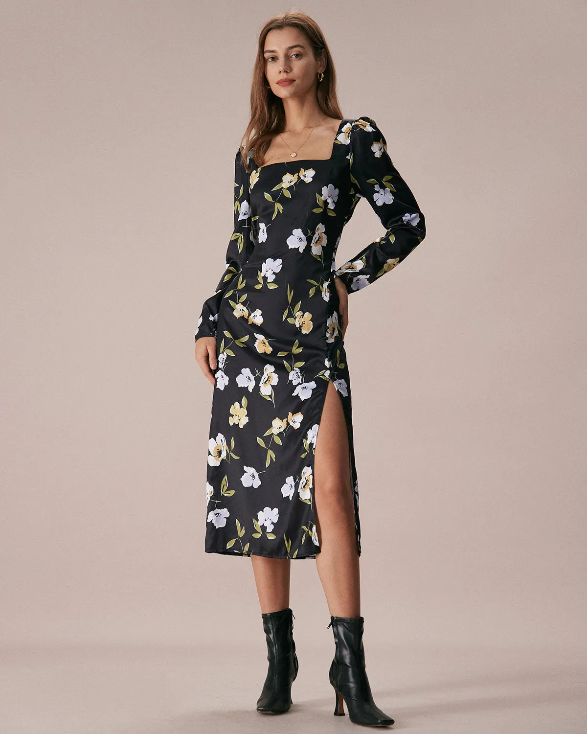 The Black Square Neck Floral Slit Midi Dress sold by rihoas