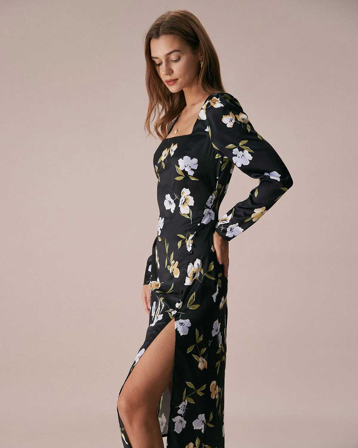 The Black Square Neck Floral Slit Midi Dress sold by rihoas product image thumbnail 3