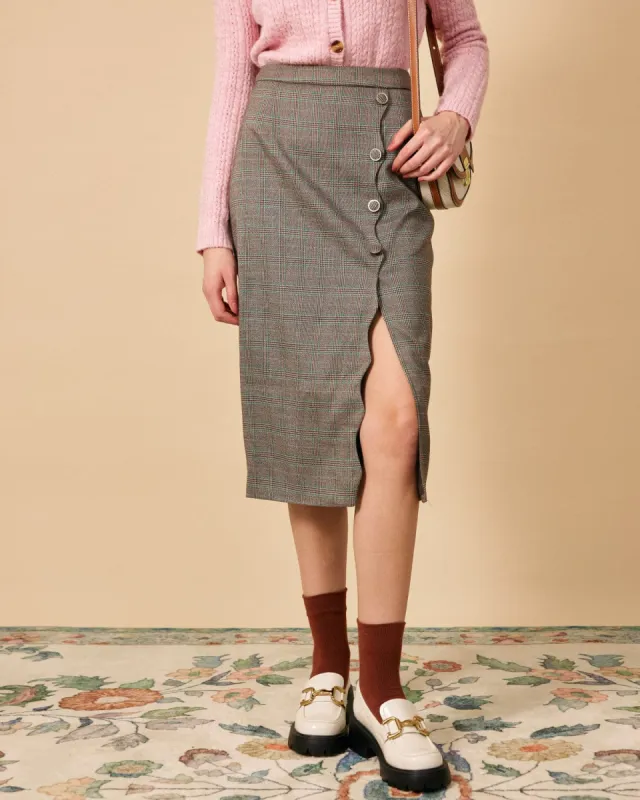 The High Waisted Side Slit Plaid Midi Skirt sold by rihoas