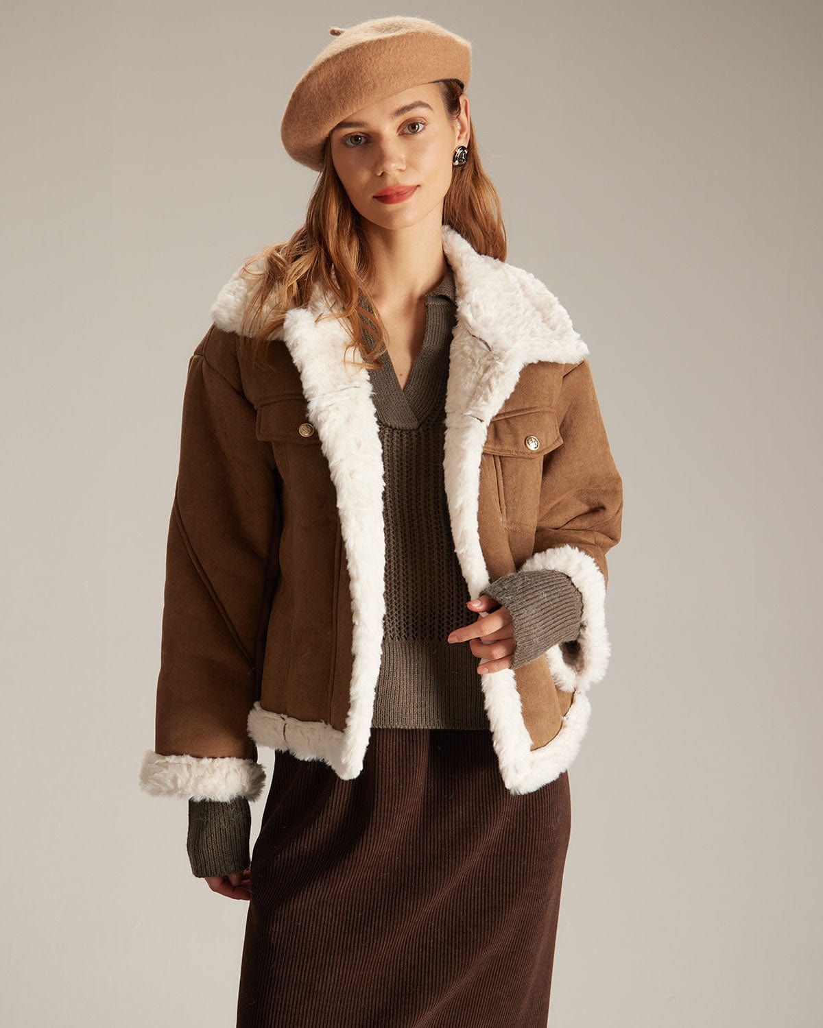 The Caramel Lapel Spliced Long Sleeve Coat sold by rihoas