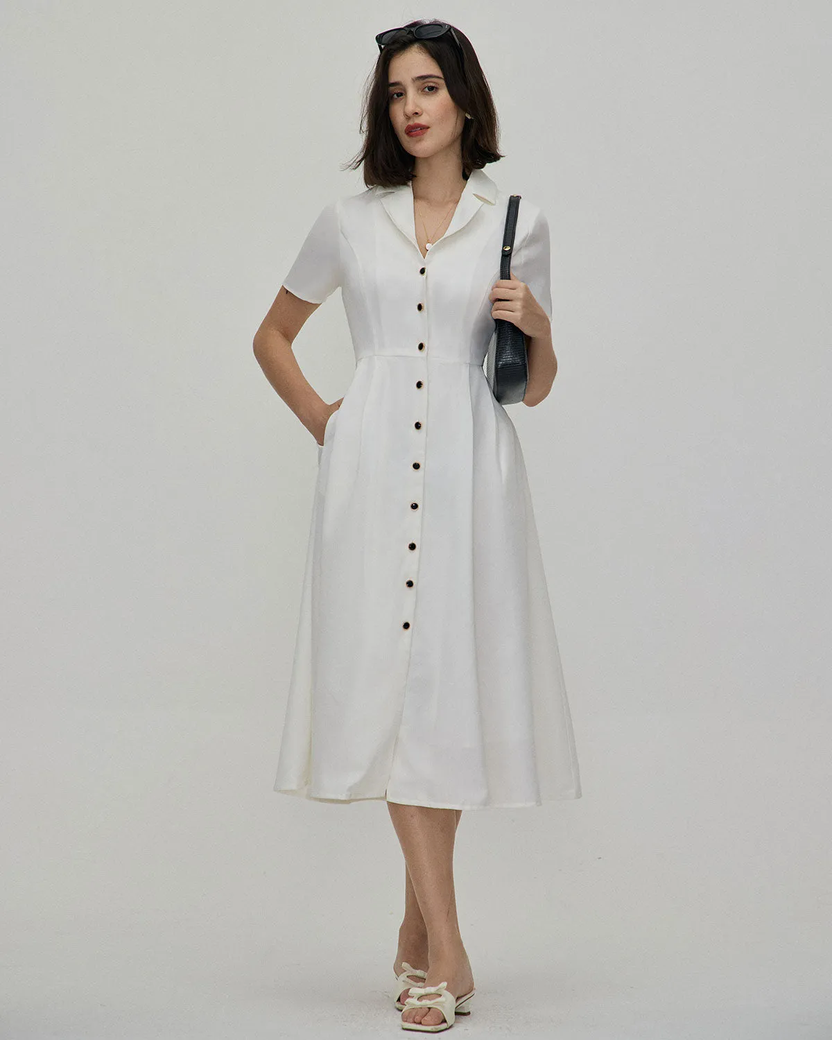 The White Lapel Short Sleeve Button-up Midi Dress sold by rihoas product image thumbnail 2