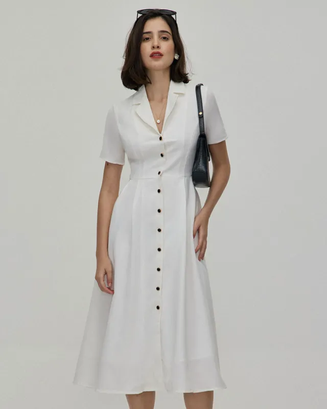 The White Lapel Short Sleeve Button-up Midi Dress sold by rihoas