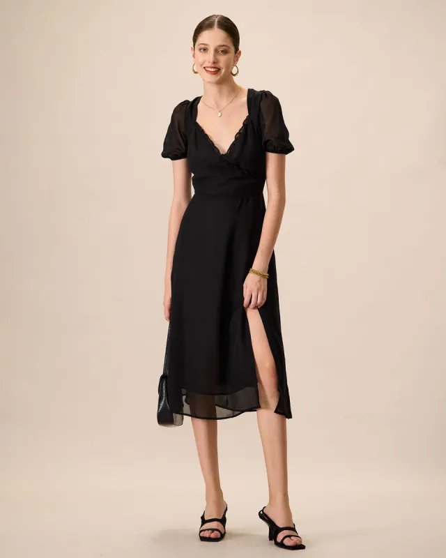 Women's Black Ruched See-Through Slit Midi Dress sold by rihoas