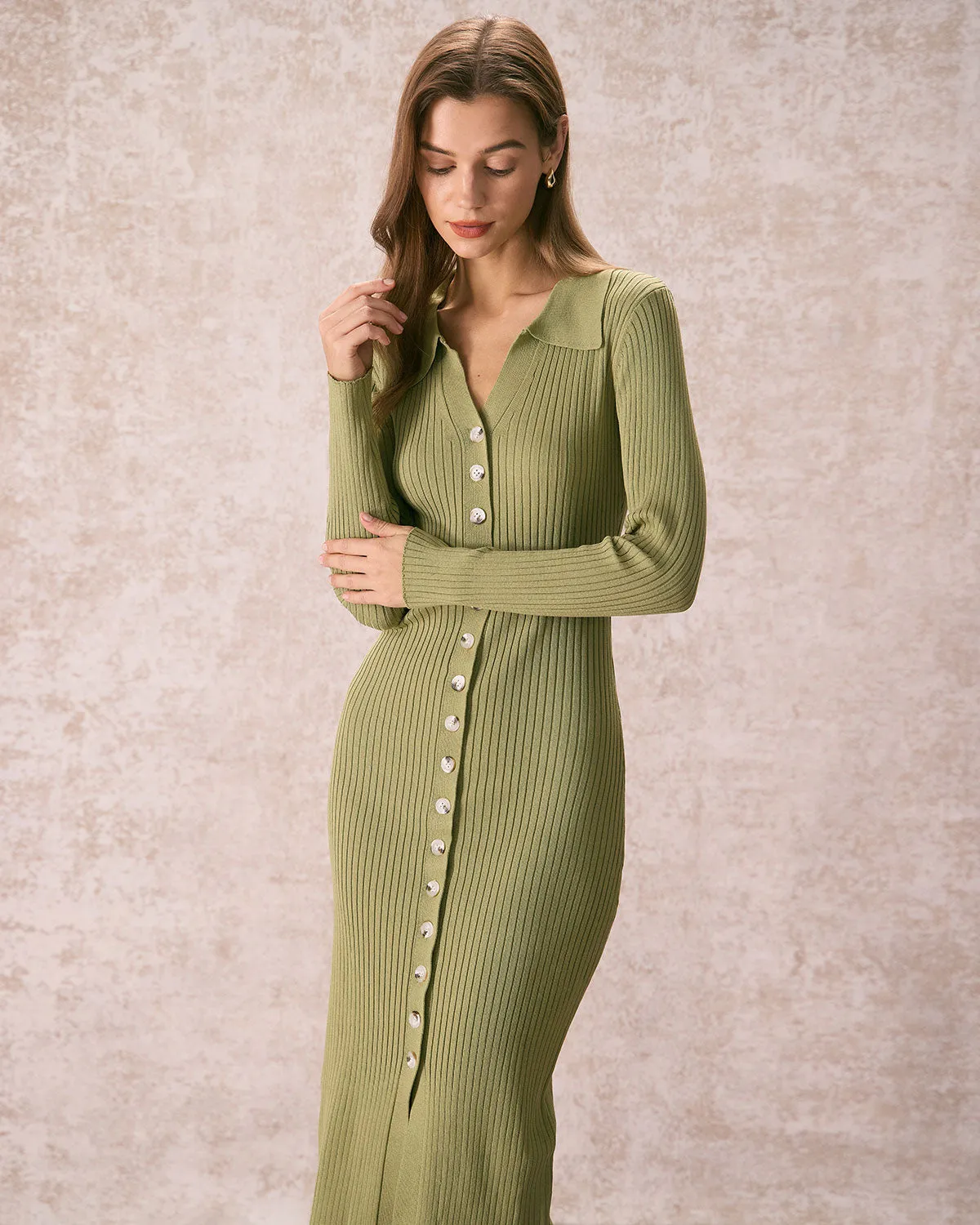 The Green V Neck Bodycon Knit Midi Dress sold by rihoas product image thumbnail 4