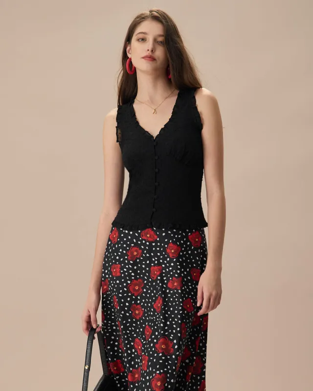 The Black V-Neck Frill Trim Tank Top sold by rihoas