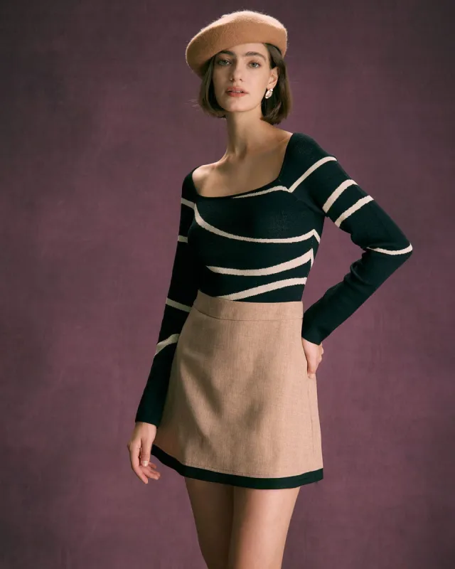 The Black Square Neck Geometric Knit Top sold by rihoas