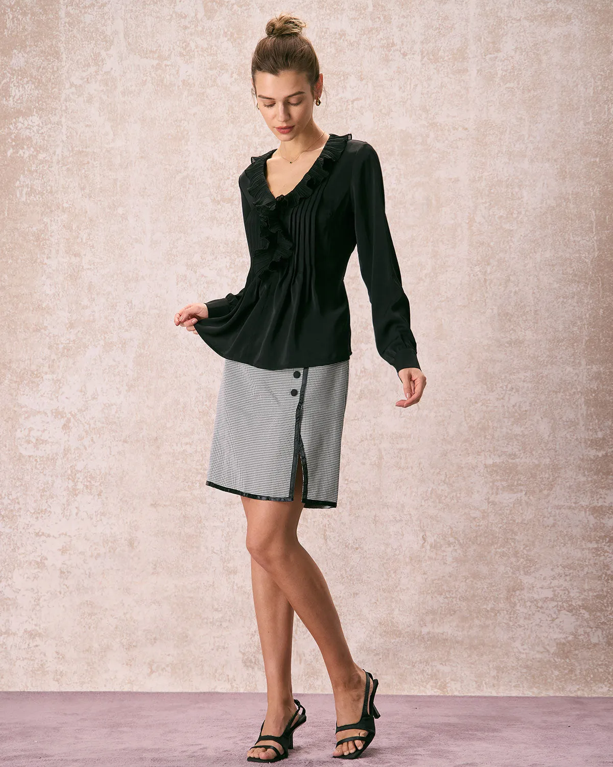 The Black V Neck Ruffle Long Sleeve Blouse sold by rihoas product image thumbnail 3