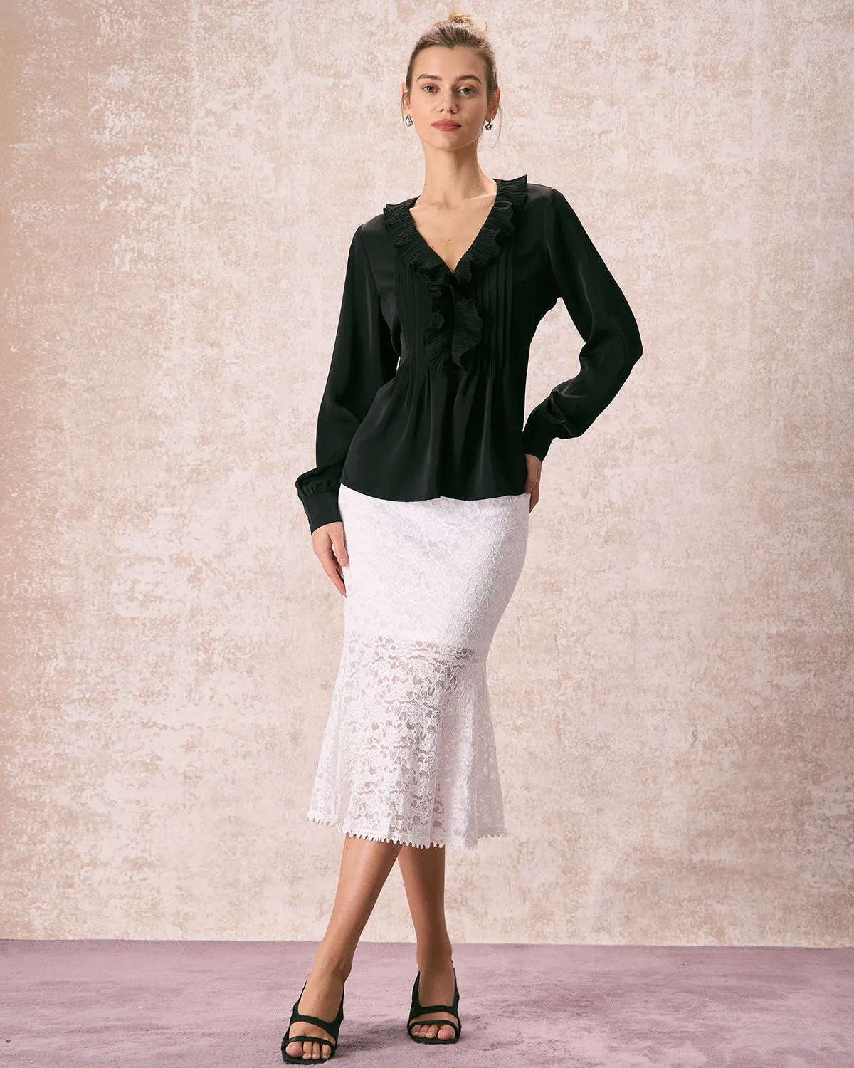 The Black V Neck Ruffle Long Sleeve Blouse sold by rihoas product image thumbnail 5
