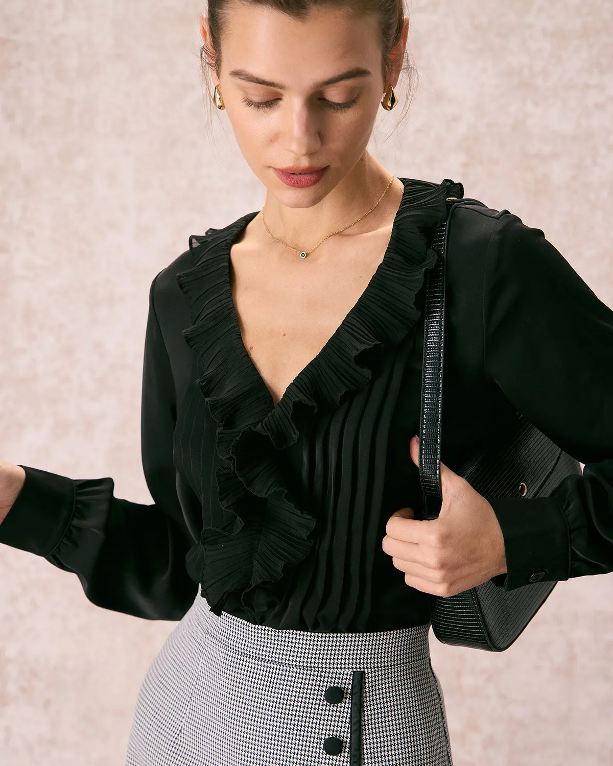 The Black V Neck Ruffle Long Sleeve Blouse sold by rihoas product image thumbnail 2