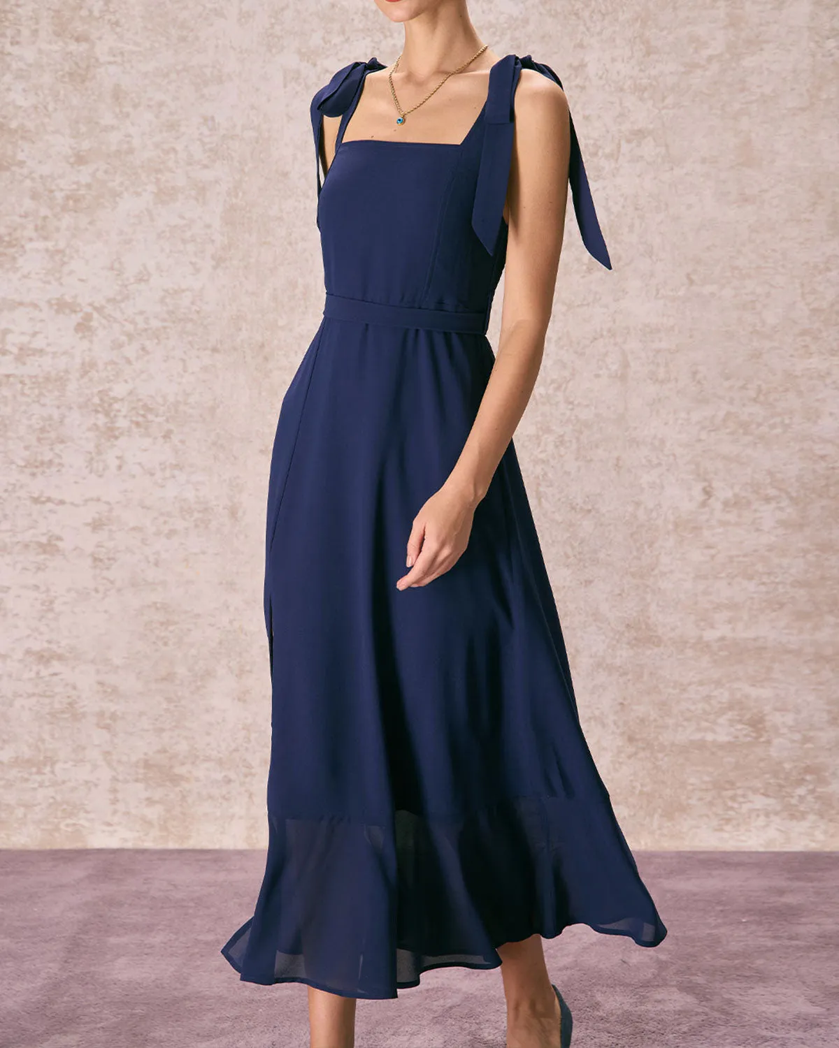 The Navy Square Neck Ruffle Hem Midi Dress sold by rihoas product image thumbnail 3