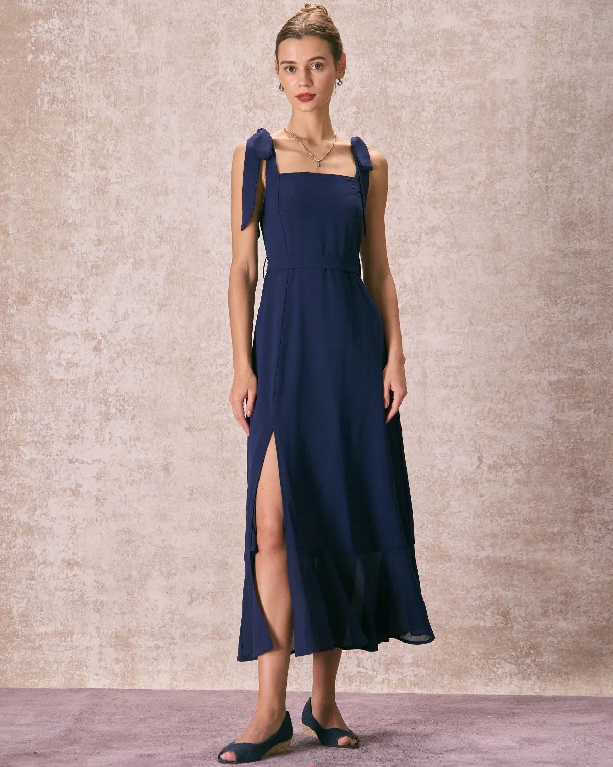 The Navy Square Neck Ruffle Hem Midi Dress sold by rihoas product image thumbnail 4