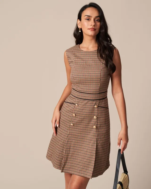 The Brown Round Neck Plaid Mini Dress sold by rihoas