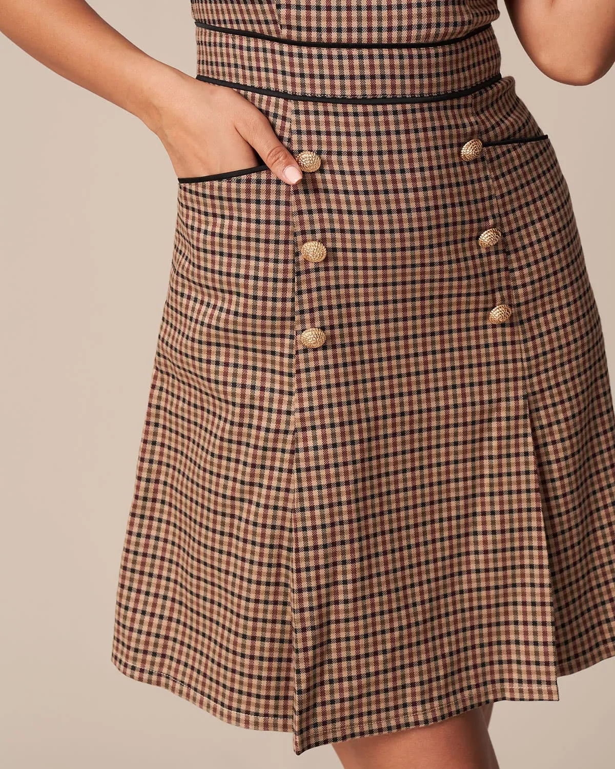 The Brown Round Neck Plaid Mini Dress sold by rihoas product image thumbnail 2