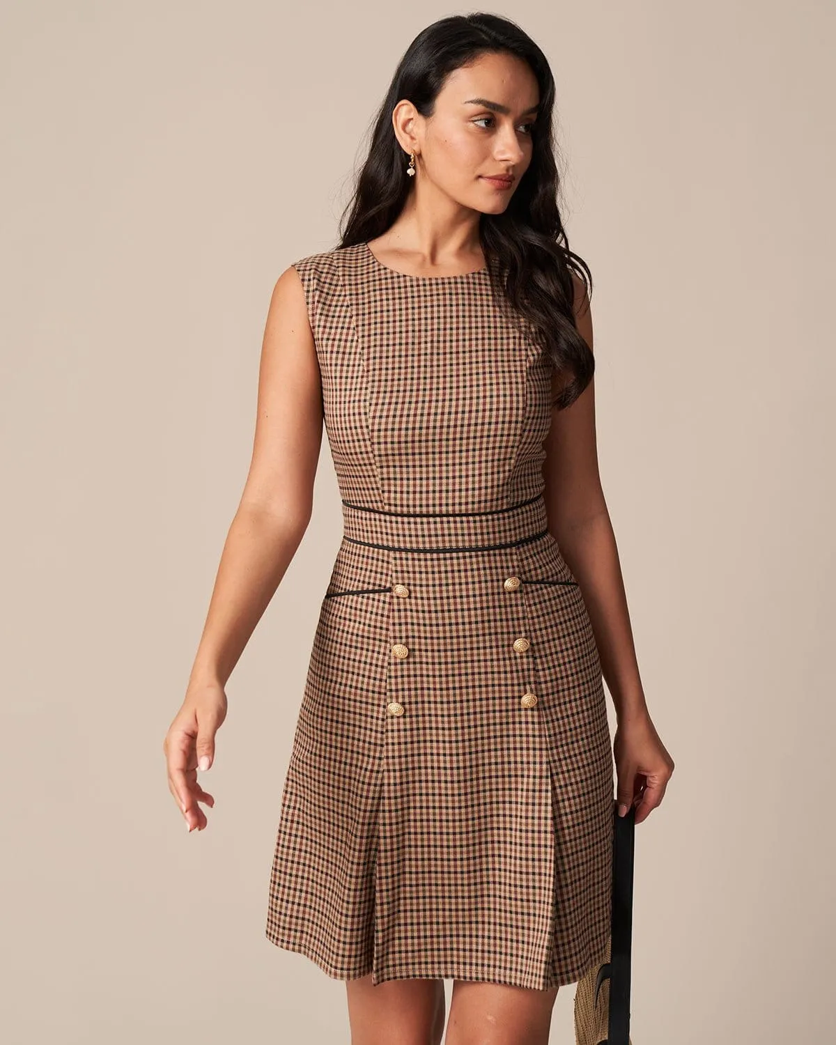The Brown Round Neck Plaid Mini Dress sold by rihoas product image thumbnail 3