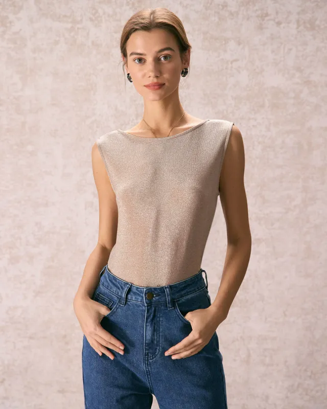 The Khaki Round Neck V-Back Tank Top sold by rihoas