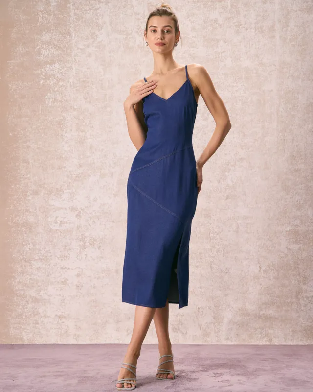 The Navy V-Neck Side Split Slip Midi Dress sold by rihoas