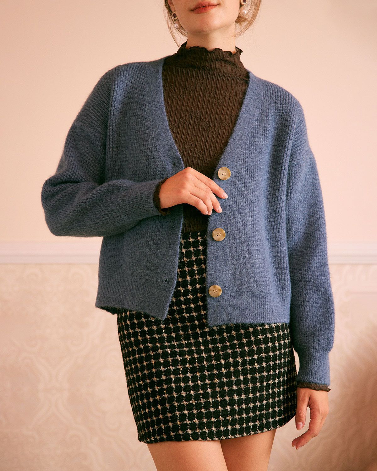 The Blue V Neck Single Breasted Cardigan sold by rihoas product image thumbnail 5