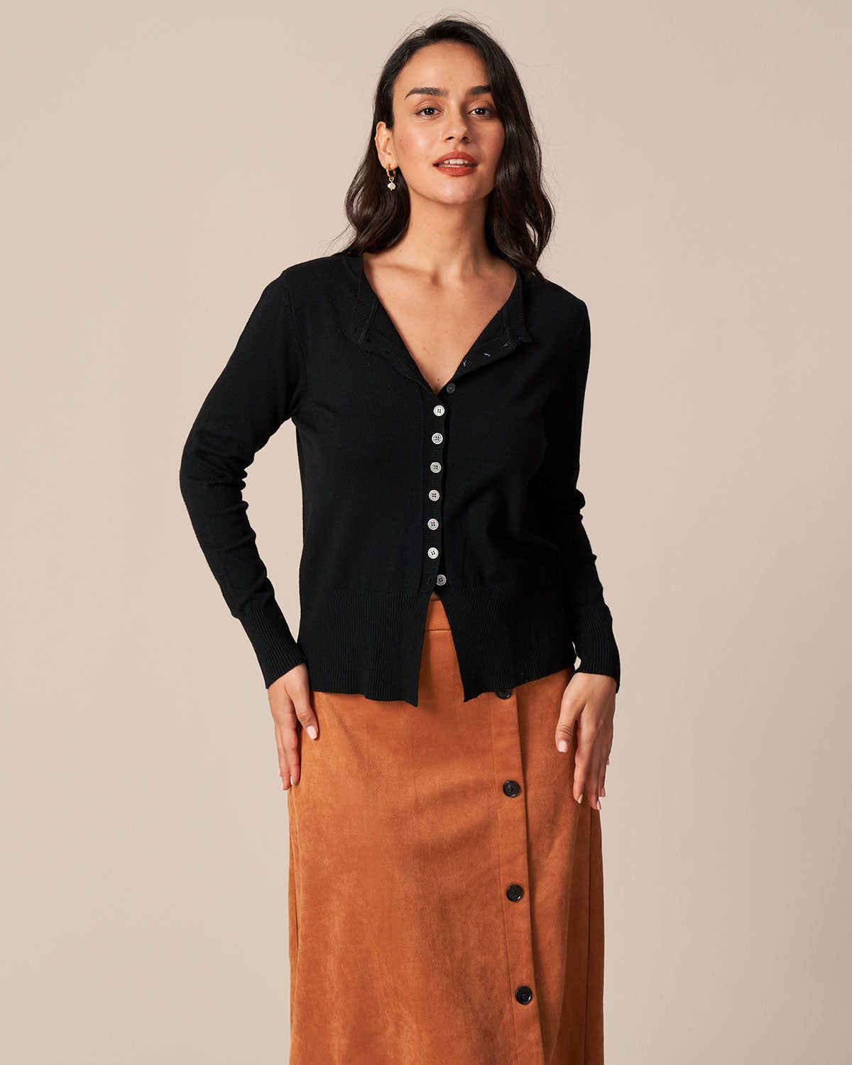 The Black Round Neck Button Knit Cardigan sold by rihoas