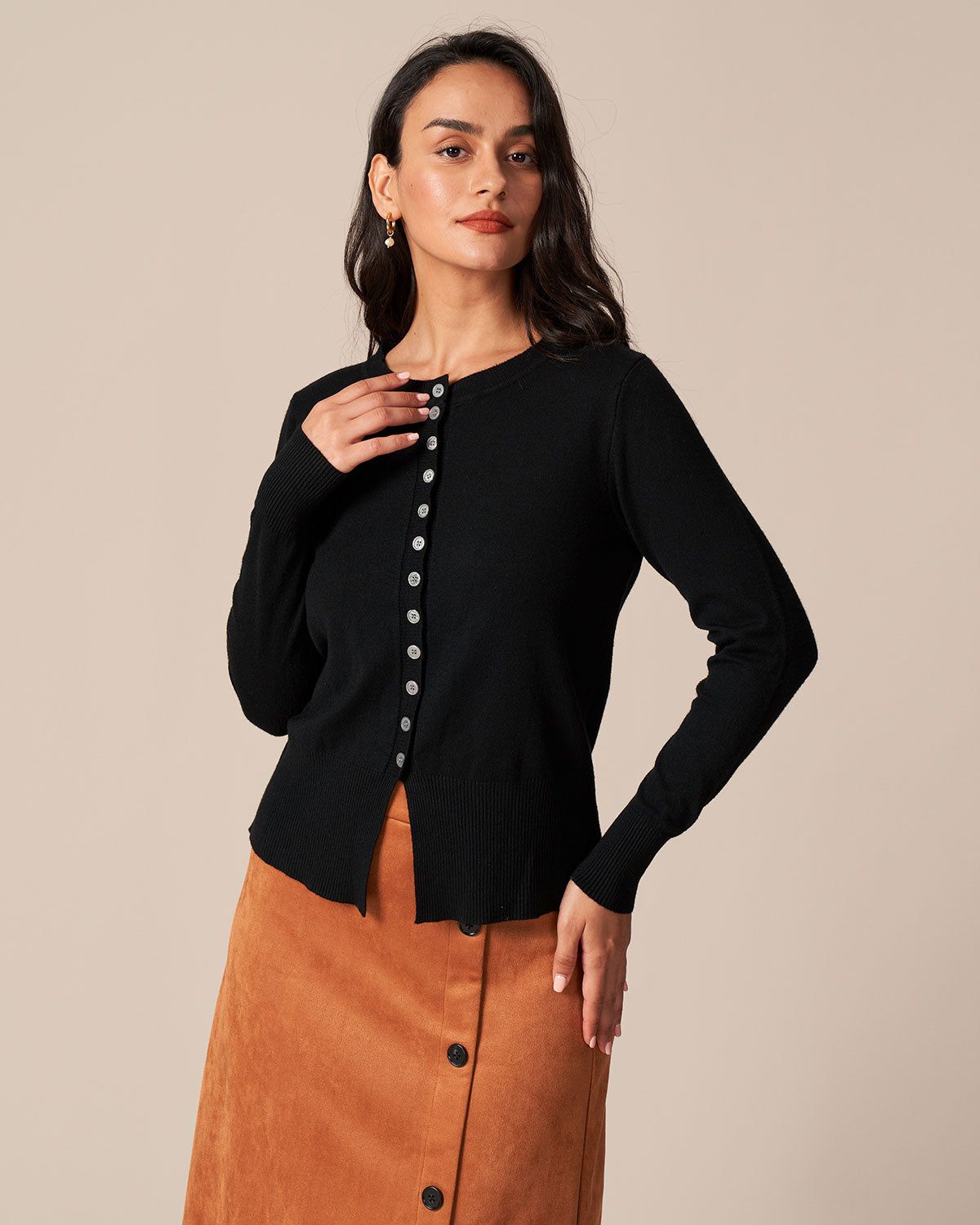 The Black Round Neck Button Knit Cardigan sold by rihoas product image thumbnail 3