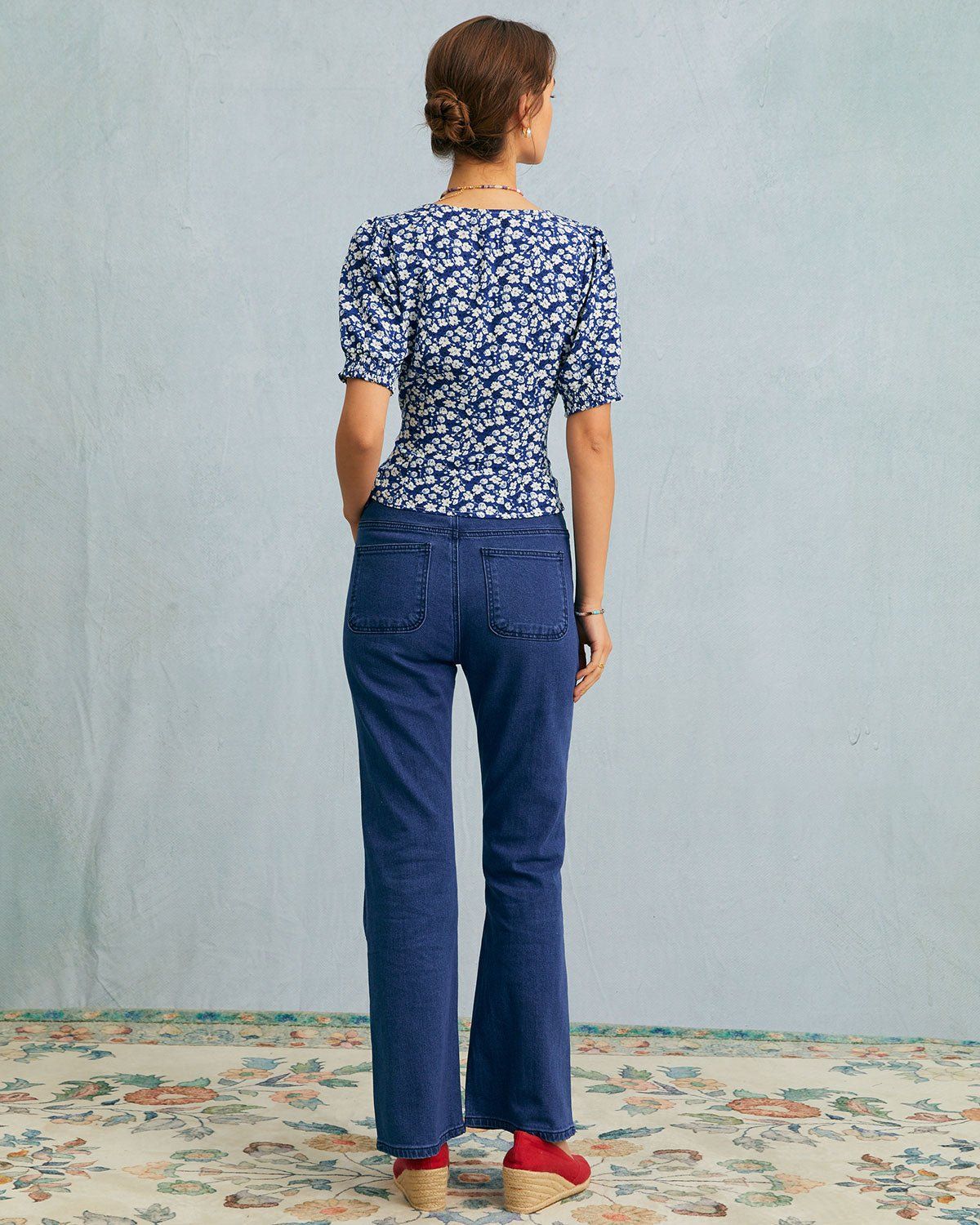 The Blue Sweetheart Neck Floral Ruched Blouse sold by rihoas product image thumbnail 5
