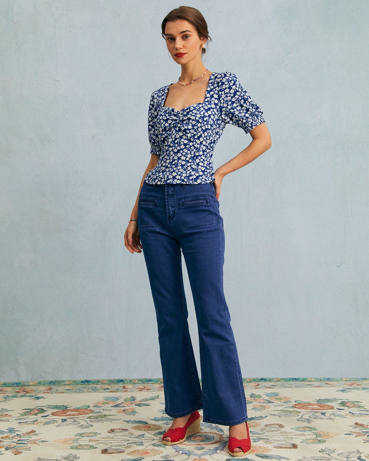 The Blue Sweetheart Neck Floral Ruched Blouse sold by rihoas product image thumbnail 2