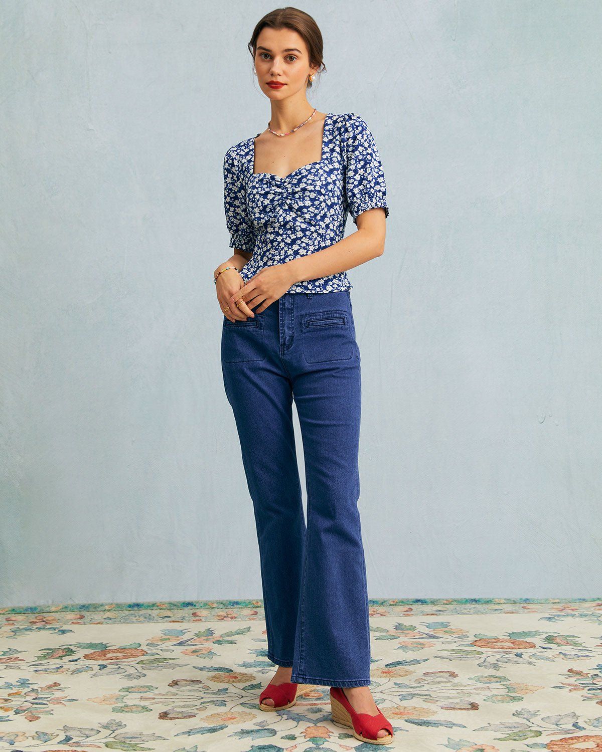 The Blue Sweetheart Neck Floral Ruched Blouse sold by rihoas product image thumbnail 3