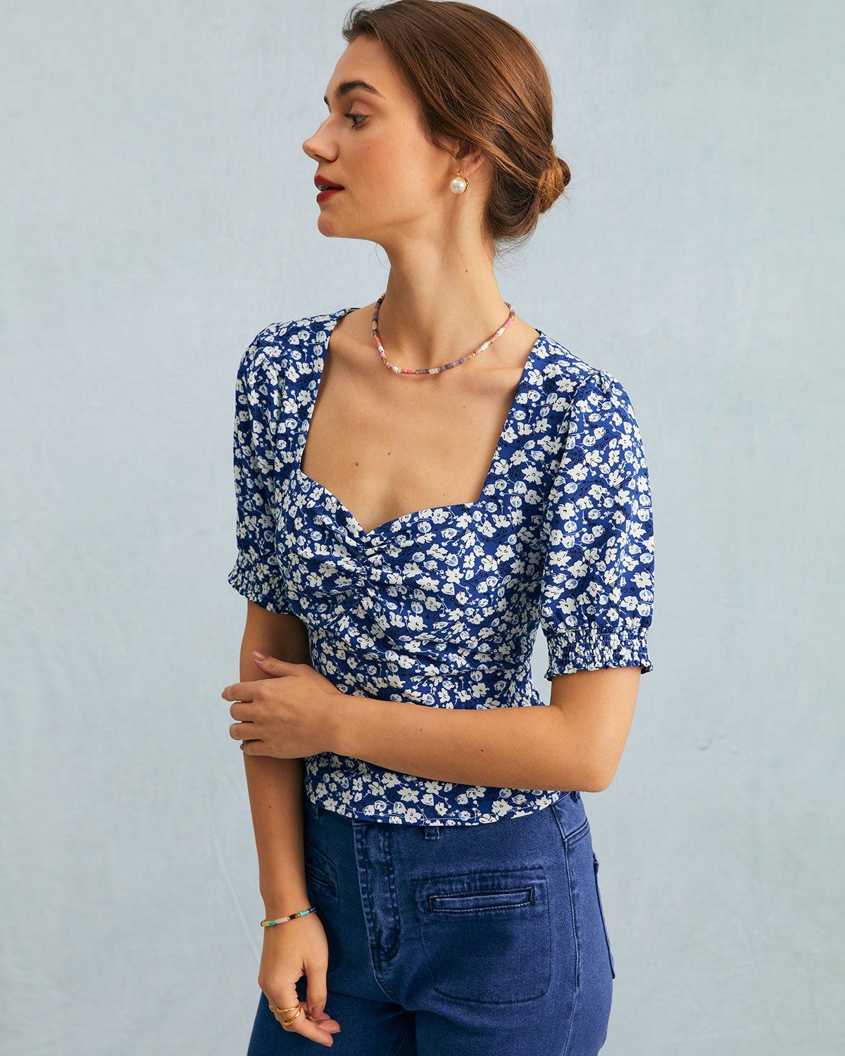The Blue Sweetheart Neck Floral Ruched Blouse sold by rihoas product image thumbnail 4