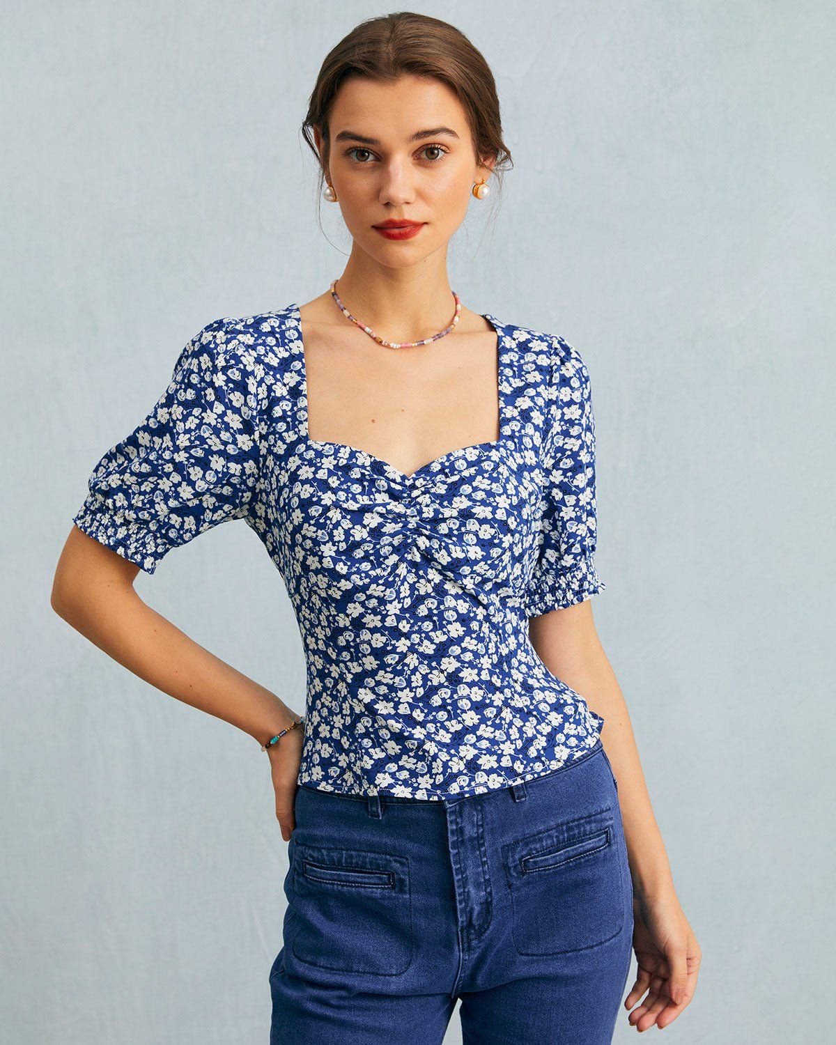 The Blue Sweetheart Neck Floral Ruched Blouse sold by rihoas
