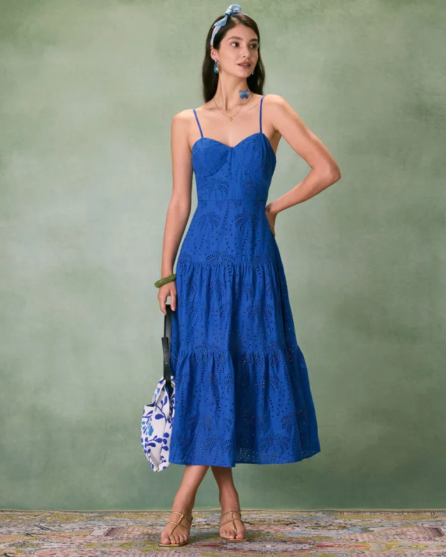 The Blue Sweetheart Neck Embroidery Slip Midi Dress sold by rihoas