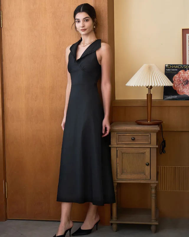 The Black Collared Frill Trim Linen Maxi Dress sold by rihoas