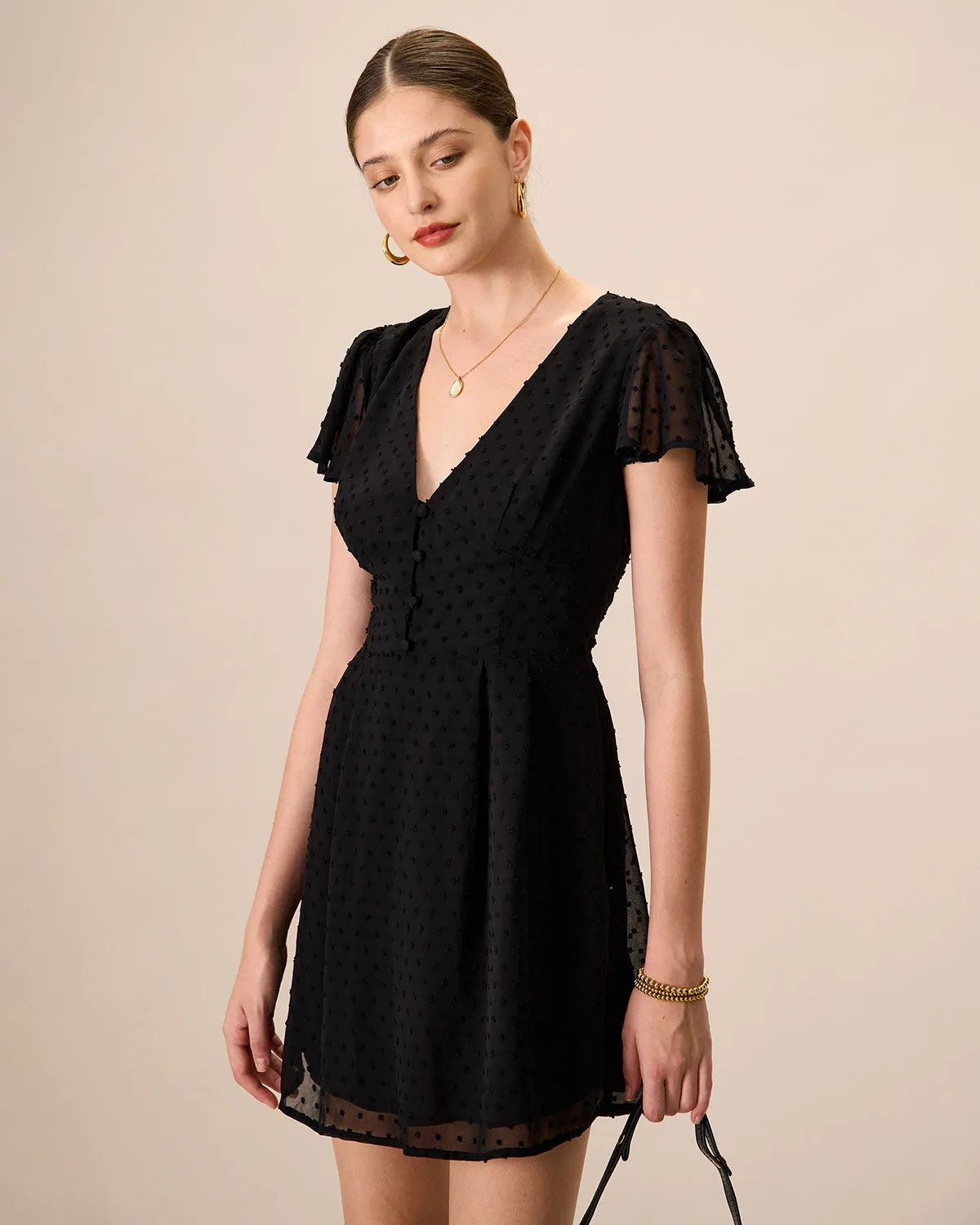 Women's Black V-Neck Ruched Mini Dress sold by rihoas product image thumbnail 3