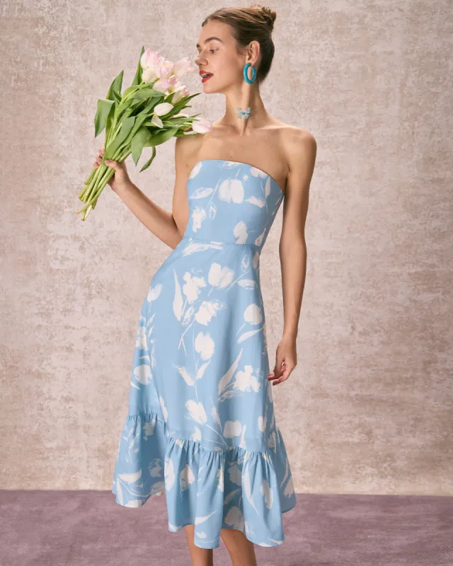 The Blue Ruffle Trim Strapless Floral Midi Dress sold by rihoas