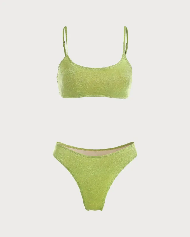 The Green U Neck Lurex Backless Bikini Set sold by rihoas