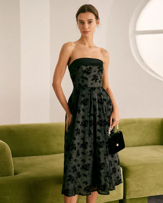 The Black Floral Strapless Midi Dress sold by rihoas