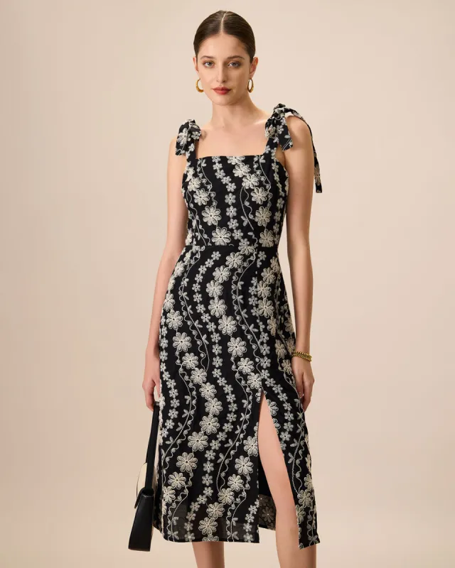 Women's Black Cotton Embroidery Slit Midi Dress sold by rihoas