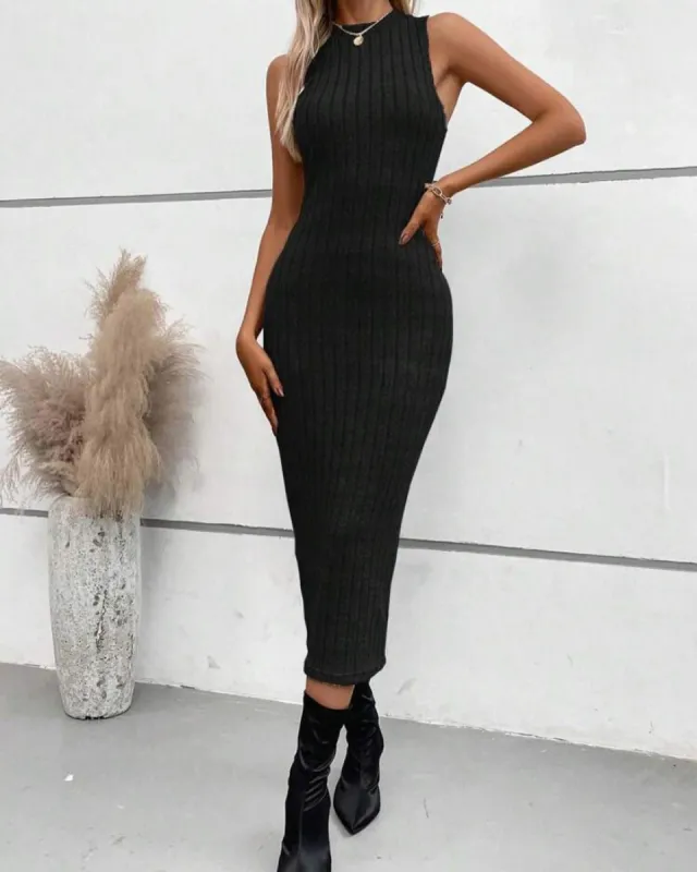 Women's Black Bodycon Sweater Midi Dress sold by rihoas