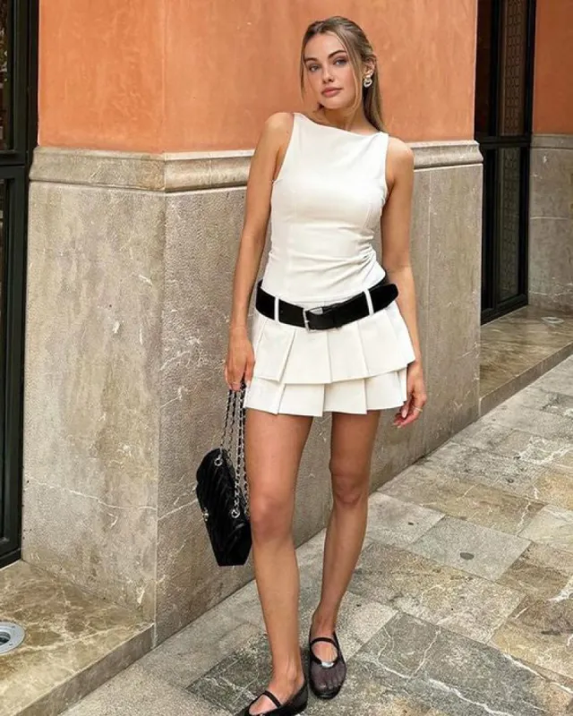 Women's White Boat Neck Belted Mini Dress sold by rihoas