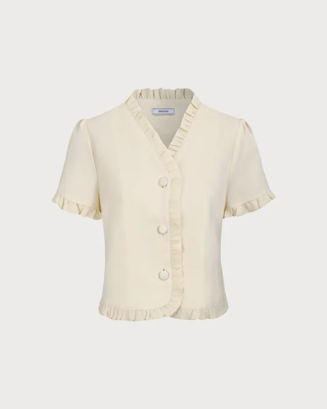 Women's Beige V-Neck Ruffle Blouse sold by rihoas